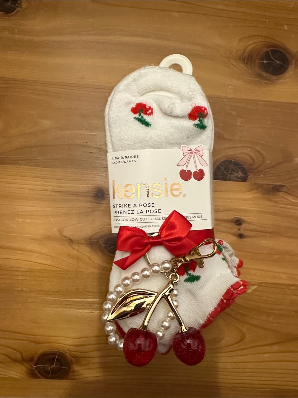 Kensie White Low-Cut Socks with Red Cherry Embroidery